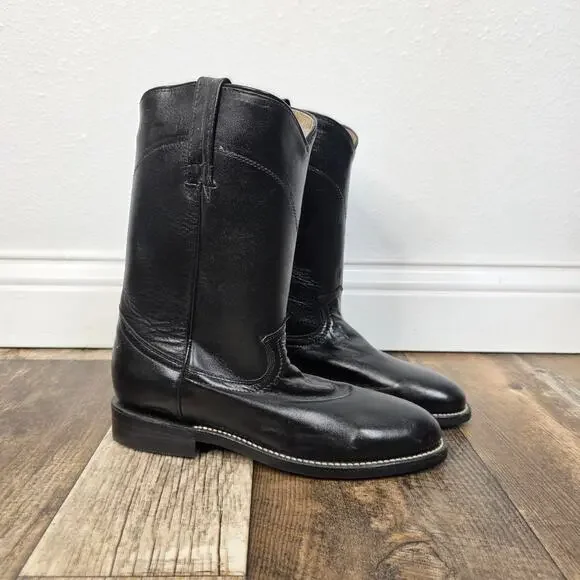 Vintage Black Leather Mid Calf Pull On Western Roper  Boots Women’s 5 - Picture 2 of 7
